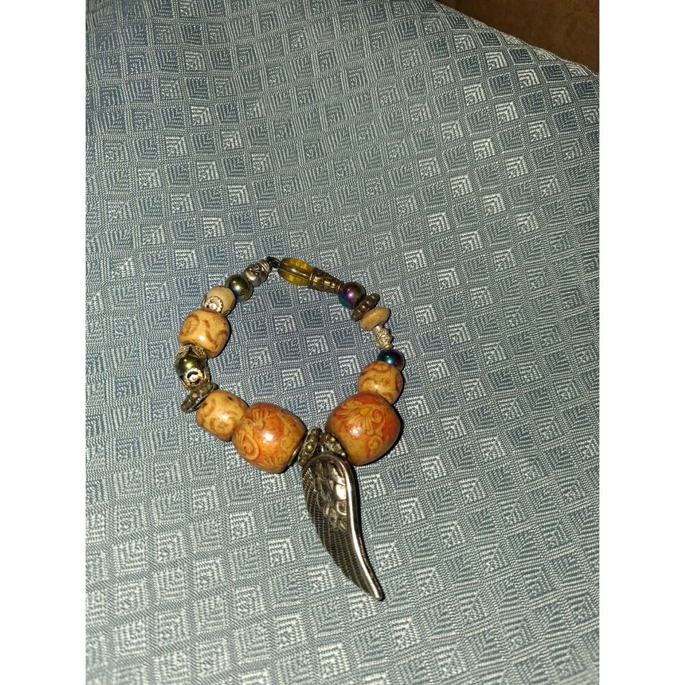 Handmade Angel Wing Beaded Stretch Bracelet Earth Tone Boho Artisan NWT